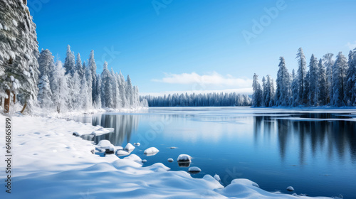 View of beautiful lake in winter. Forest, ground covered in snow.Travel concept © AllistairBot/Peopleimages - AI