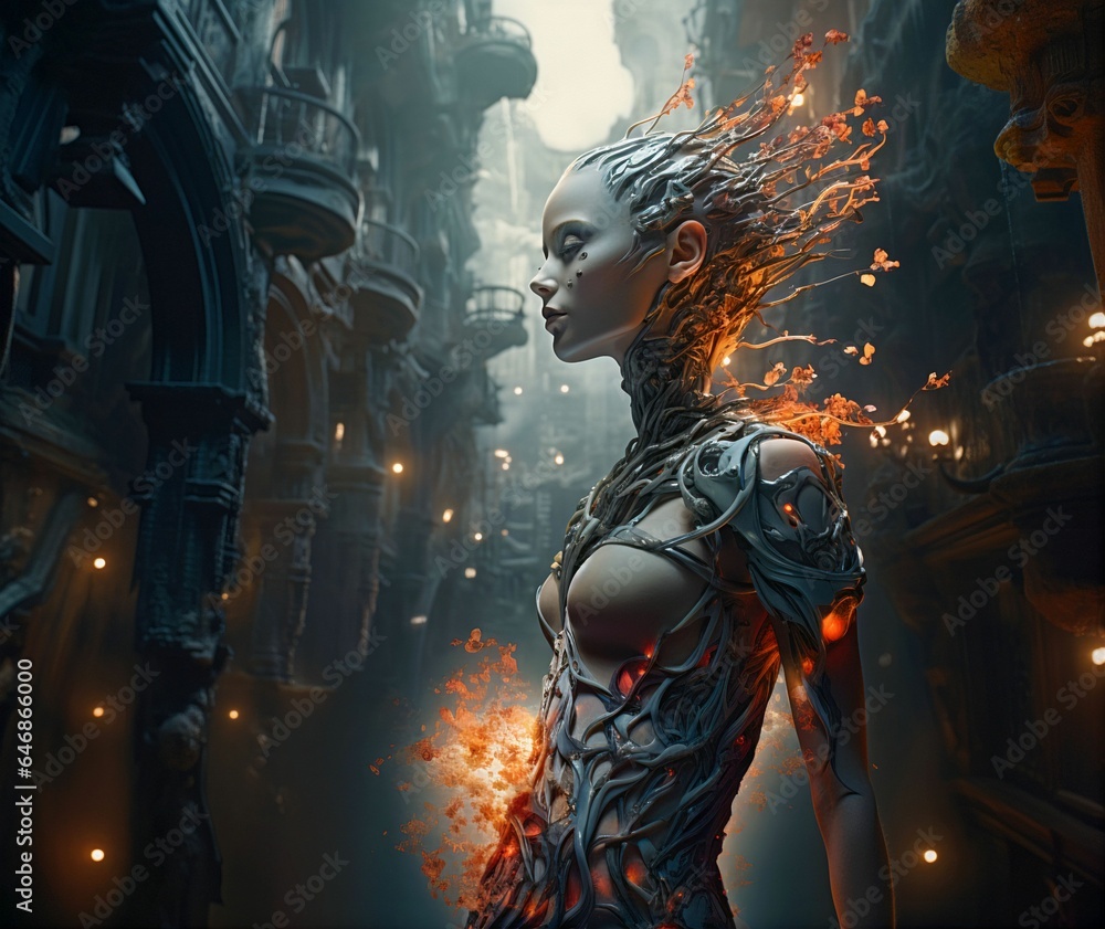 AI generated illustration of a woman covered in orange roots illuminated against a cityscape AI generated illustration of a woman covered in orange roots illuminated against a cityscape