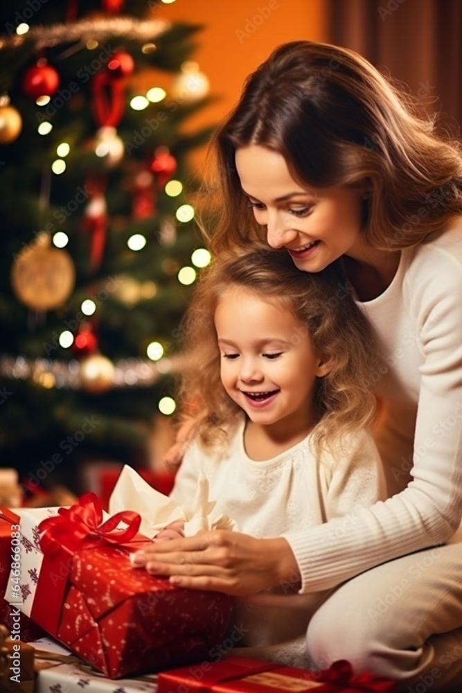 Toddler girl and mother, at Christmas in living room with Christmas presents and tree, empty copy space Generative AI Toddler girl and mother, at Christmas in living room with Christmas presents and tree, empty copy space Generative AI