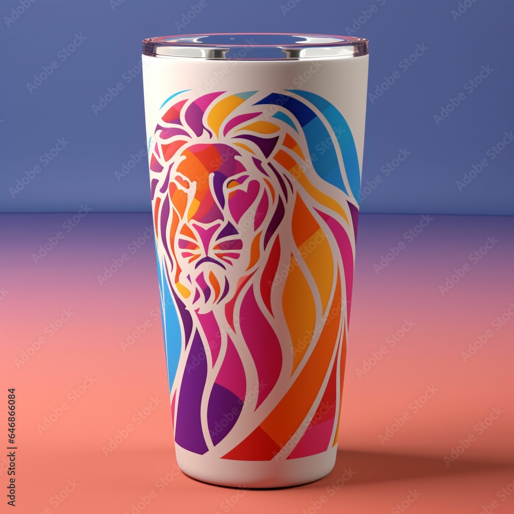 Obraz premium AI generated illustration of White ceramic cup with a lid featuring an illustration of a lion