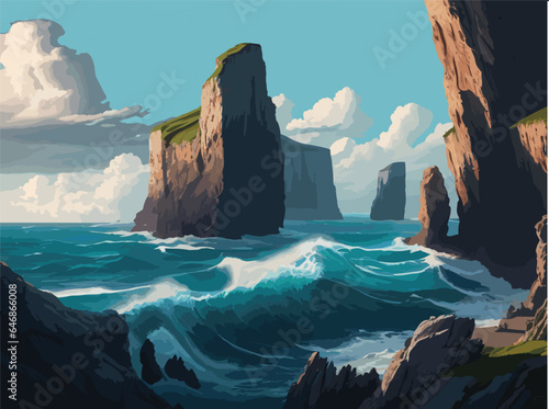 Create an intricate vector scene capturing the dramatic beauty of a coastal cliff, with waves crashing against rugged rocks, and a stormy sky adding an air of mystery and excitement, perfect for