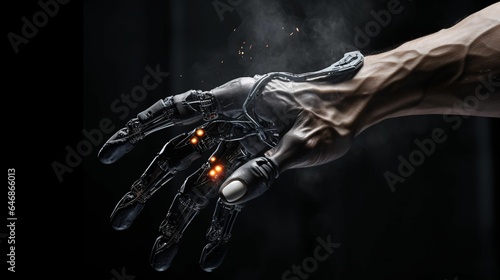 AI generated illustration of a human hand with robotic fingertips on a dark background