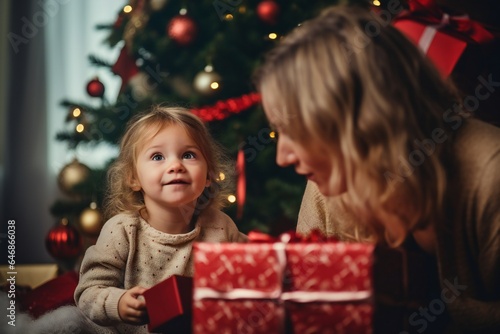 Toddler girl and mother  at Christmas in living room with Christmas presents and tree  empty copy space Generative AI