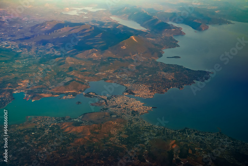 View from an airplane of the city of Chalcis in Greece.