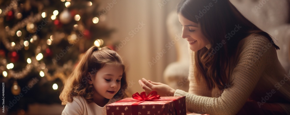 Toddler girl and mother, at Christmas in living room with Christmas presents and tree, empty copy space Generative AI