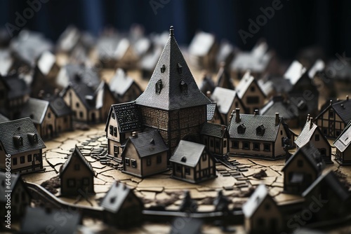 AI generated illustration of a detailed and intricate map with miniature buildings of varying shapes photo
