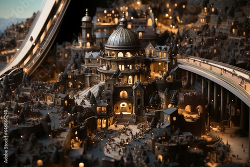 AI generated illustration of a detailed and intricate citywith miniature buildings of varying shapes photo