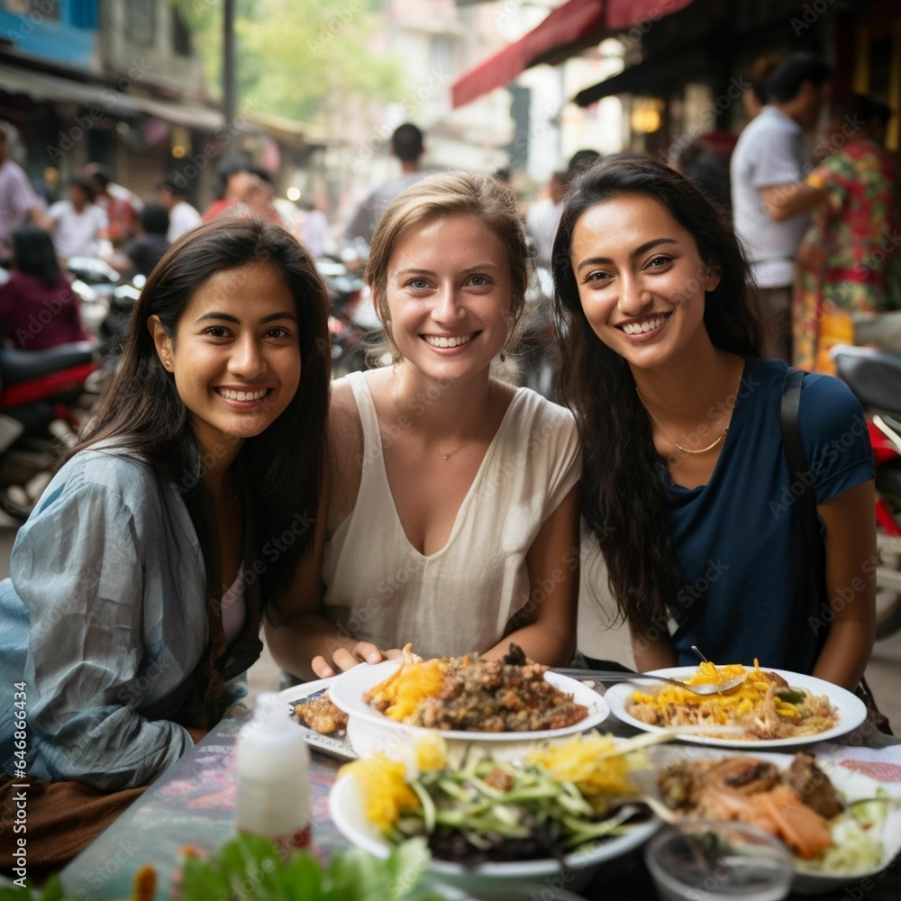 Three young female friends, smiling and laughing while enjoying time together at a restaurant