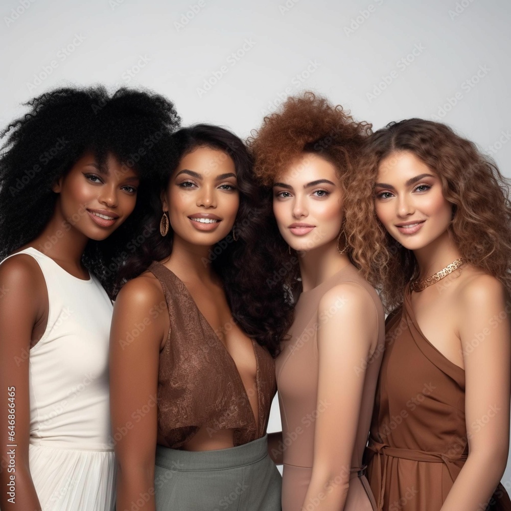 Obraz premium Group of four diverse young female models, all wearing neutral-toned outfits, AI-generated.