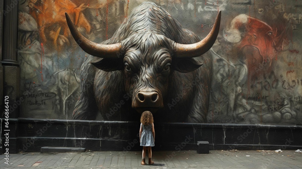 AI generated illustration of a little girl on the background of a graffiti of a large bull on a wall