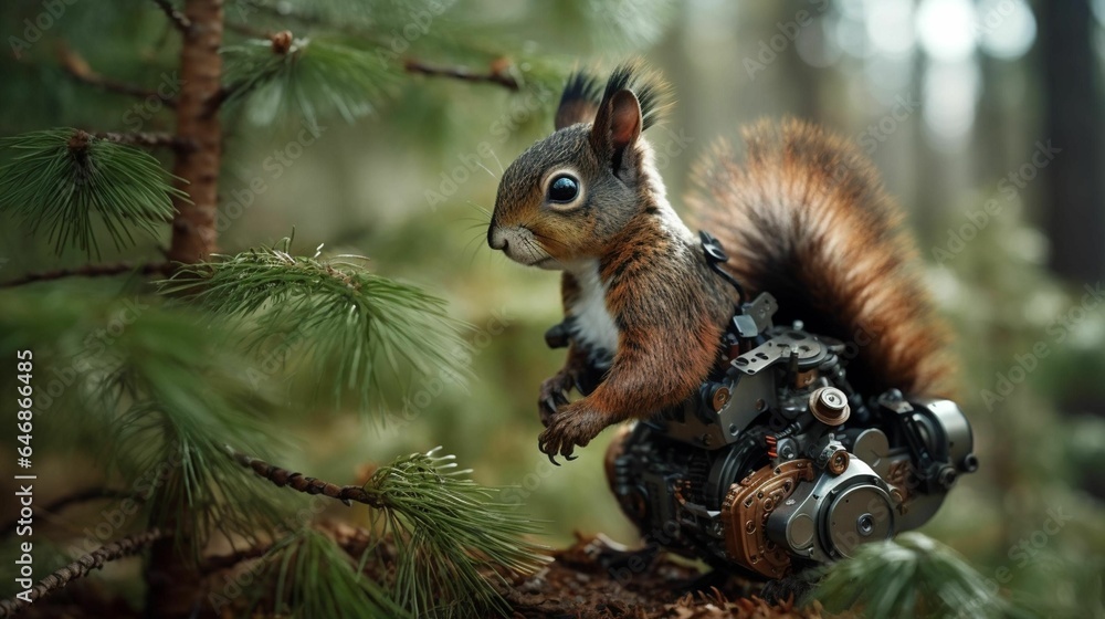 AI generated illustration of a squirrel with robotic legs in a forest AI generated illustration of a squirrel with robotic legs in a forest