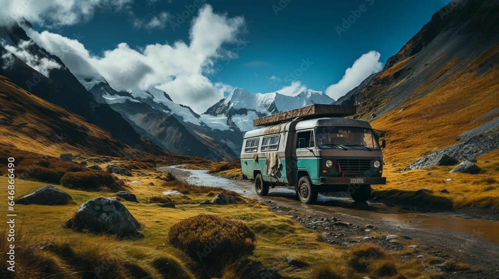 AI generated illustration of an old van driving on a winding dirt road in a mountainous area