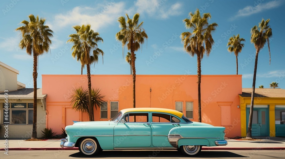 AI generated illustration of a vintage blue car parked along colorful houses and palm trees