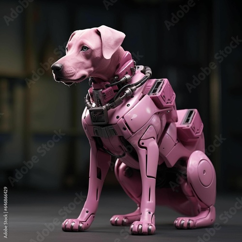 AI generated illustration of a futuristic pink robotic dog on a black background photo