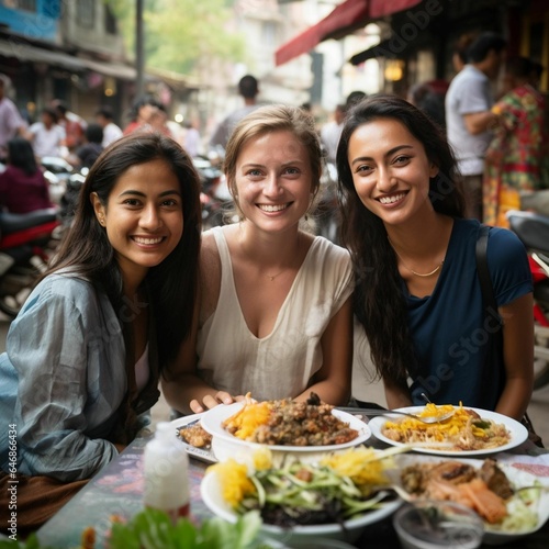 Three young female friends  smiling and laughing while enjoying time together at a restaurant