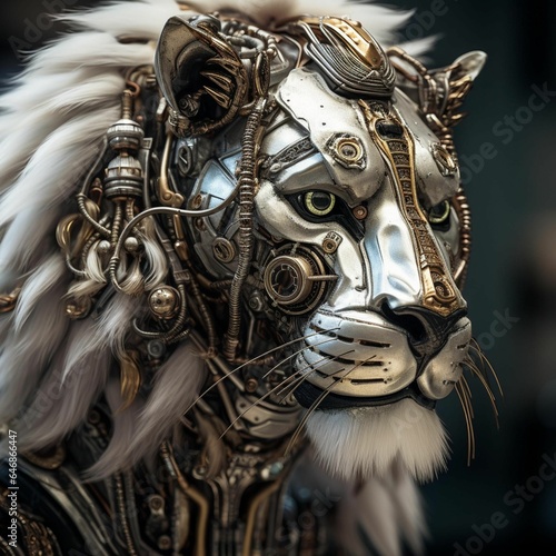 AI generated illustration of a majestic white lion with a robotic head