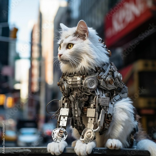 AI generated illustration of a white cat with robotic body and hands in the street photo