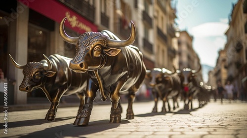 AI generated illustration of ornate statues of bulls in the street