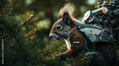 AI generated illustration of a squirrel with robotic body on a branch of an evergreen tree © Charlyvaq/Wirestock Creators