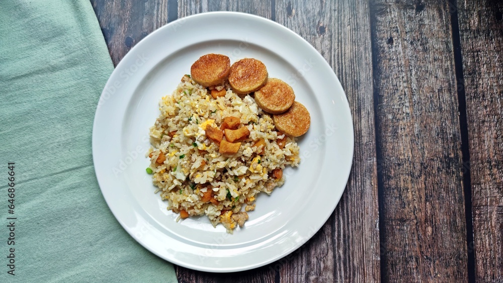 Homemade pork crackling fried rice with egg and fried Vietnamese sausage in white plate on wooden table. Homemade pork crackling fried rice with egg and fried Vietnamese sausage in white plate on wooden table.
