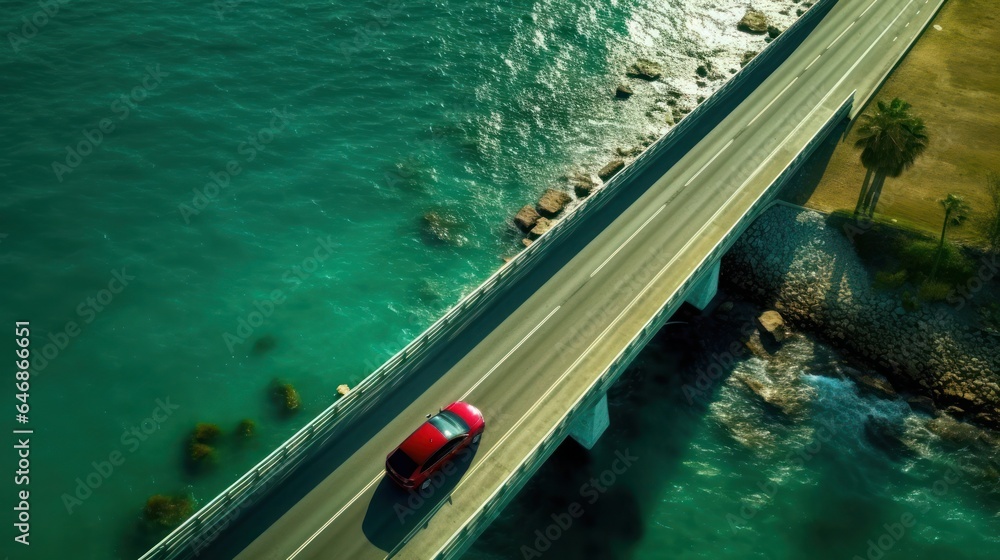 Top view of vehicle driving on bridge along with sea 