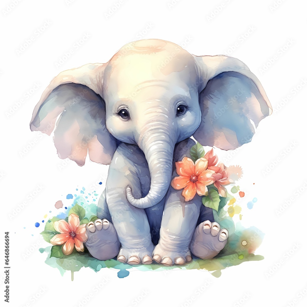 AI generated illustration of an elephant sitting in a relaxed pose with a bouquet of flowers
