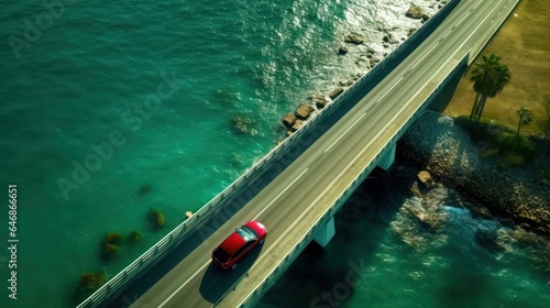 Top view of vehicle driving on bridge along with sea 
