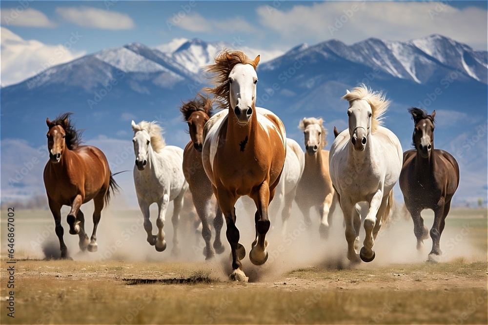 Exhilarating and graceful display of wild horses galloping freely across Montana wilderness, Exhilarating and graceful display of wild horses galloping freely across Montana wilderness,