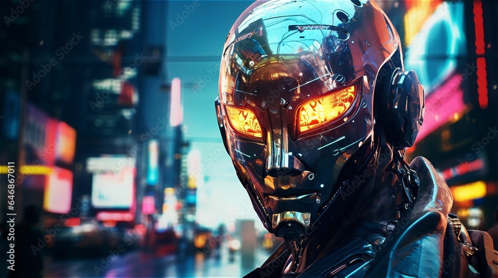 Robot citizen against the backdrop of a bustling, neon-lit cyberpunk cityscape, AI-generated. Robot citizen against the backdrop of a bustling, neon-lit cyberpunk cityscape, AI-generated.