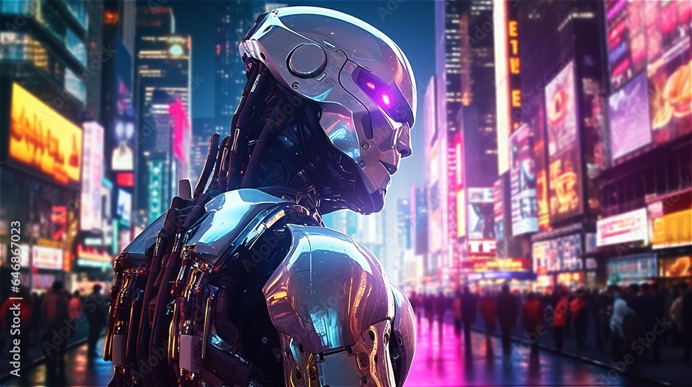 Robot citizen against the backdrop of a bustling, neon-lit cyberpunk cityscape, AI-generated.
