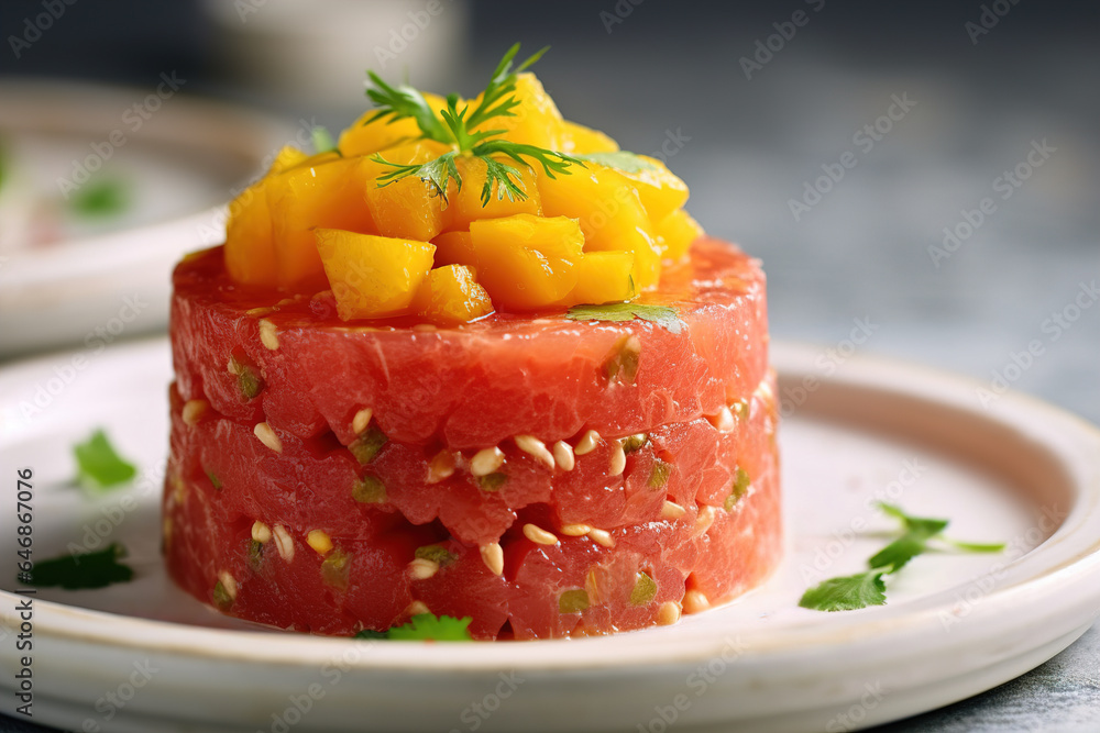 Raw salmon tartare, trout tartar or red fish cubes salad with fresh avocado closeup Raw salmon tartare, trout tartar or red fish cubes salad with fresh avocado closeup