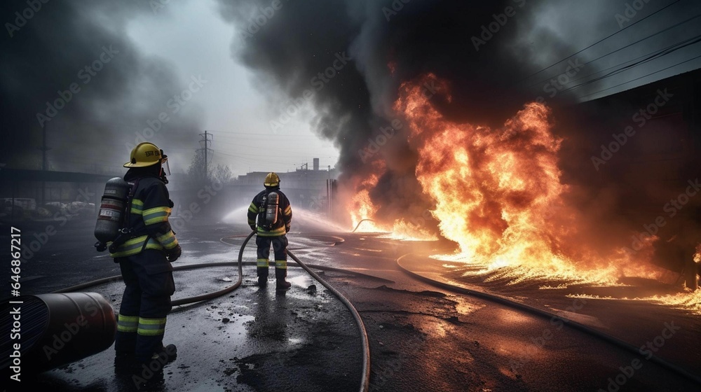 AI generated illustration of fire fighters in uniform outside a large warehouse in flames and smoke