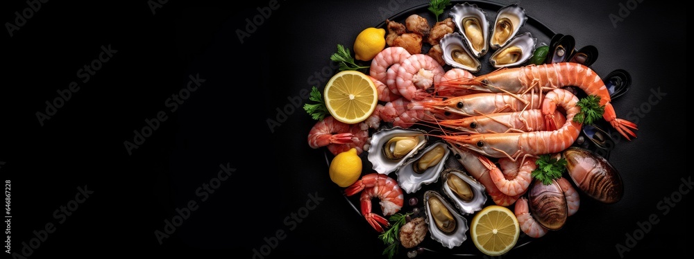 Seafood charcuterie platter board with shrimp, oysters, fish and octopus on black background.