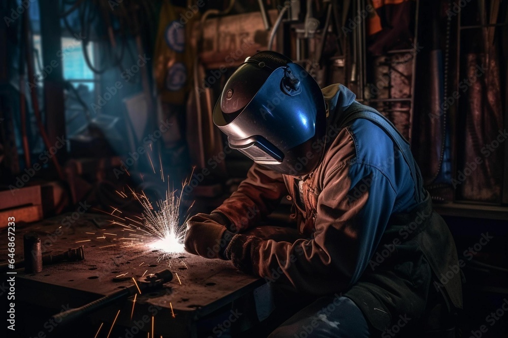 AI generated illustration of a hardworking laborer performing a welding task on a section of steel AI generated illustration of a hardworking laborer performing a welding task on a section of steel