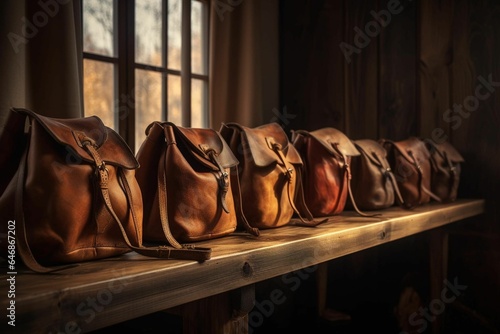 AI generated illustration of an array of brown leather bags on a wooden shelf next to a window