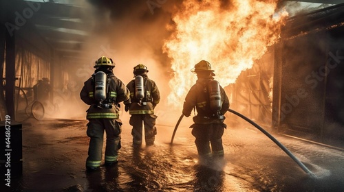 AI generated illustration of firefighters fighting a blaze in the warehouse of a fire station