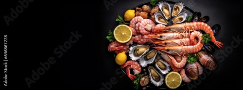 Seafood charcuterie platter board with shrimp, oysters, fish and octopus on black background.