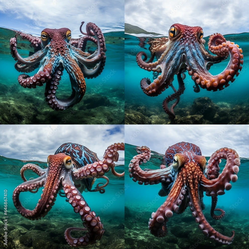 AI generated illustration of an underwater view of an octopus swimming ...