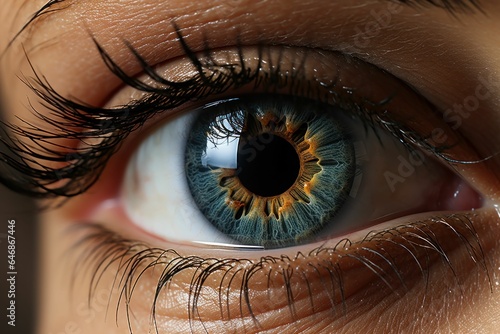 AI generated illustration of a closeup of a human eye with yellow and blue iris