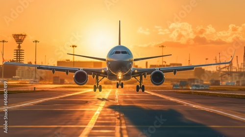 airplane landing at sunset