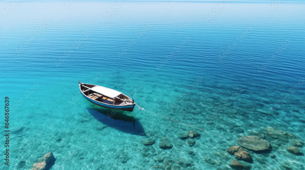 Naklejka premium Top view of fishing boat on crystal clear water. Vacation concept.