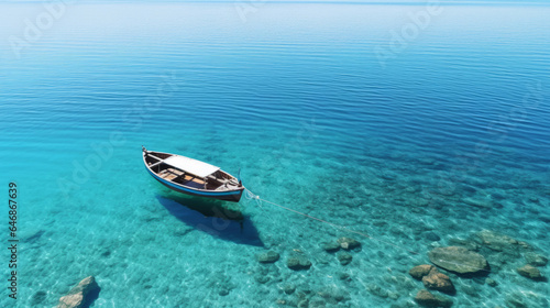 Top view of fishing boat on crystal clear water. Vacation concept.