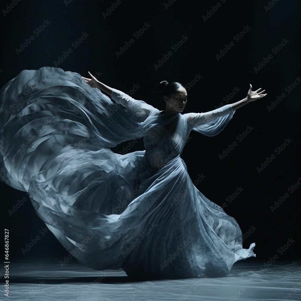 Female dancer wearing a blue dress energetically performing on stage, AI-generated. Female dancer wearing a blue dress energetically performing on stage, AI-generated.