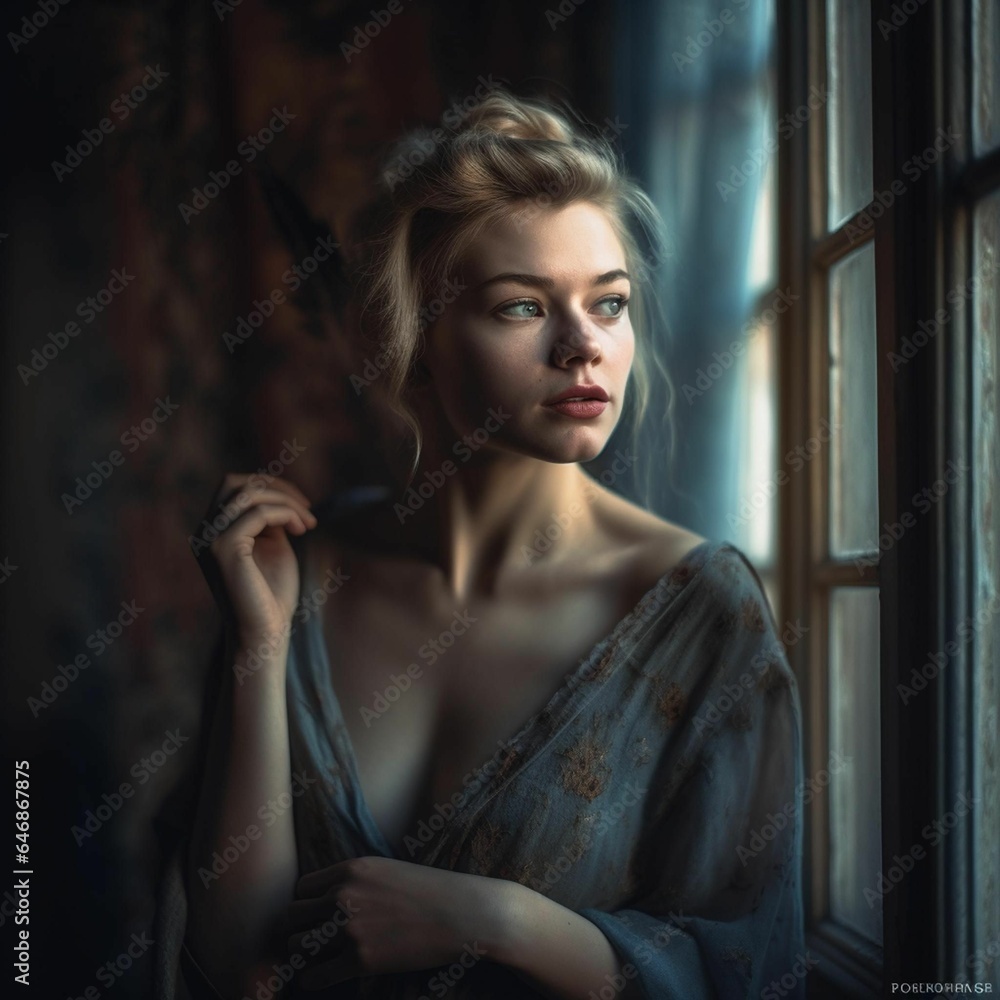 Fototapeta premium Attractive blonde female standing next to a window, AI-generated.