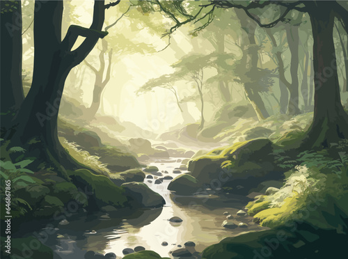 Design an intricate vector illustration of a serene forest glade bathed in the soft glow of sunlight, where meticulously detailed trees cast dappled shadows upon moss-covered rocks and a gently
