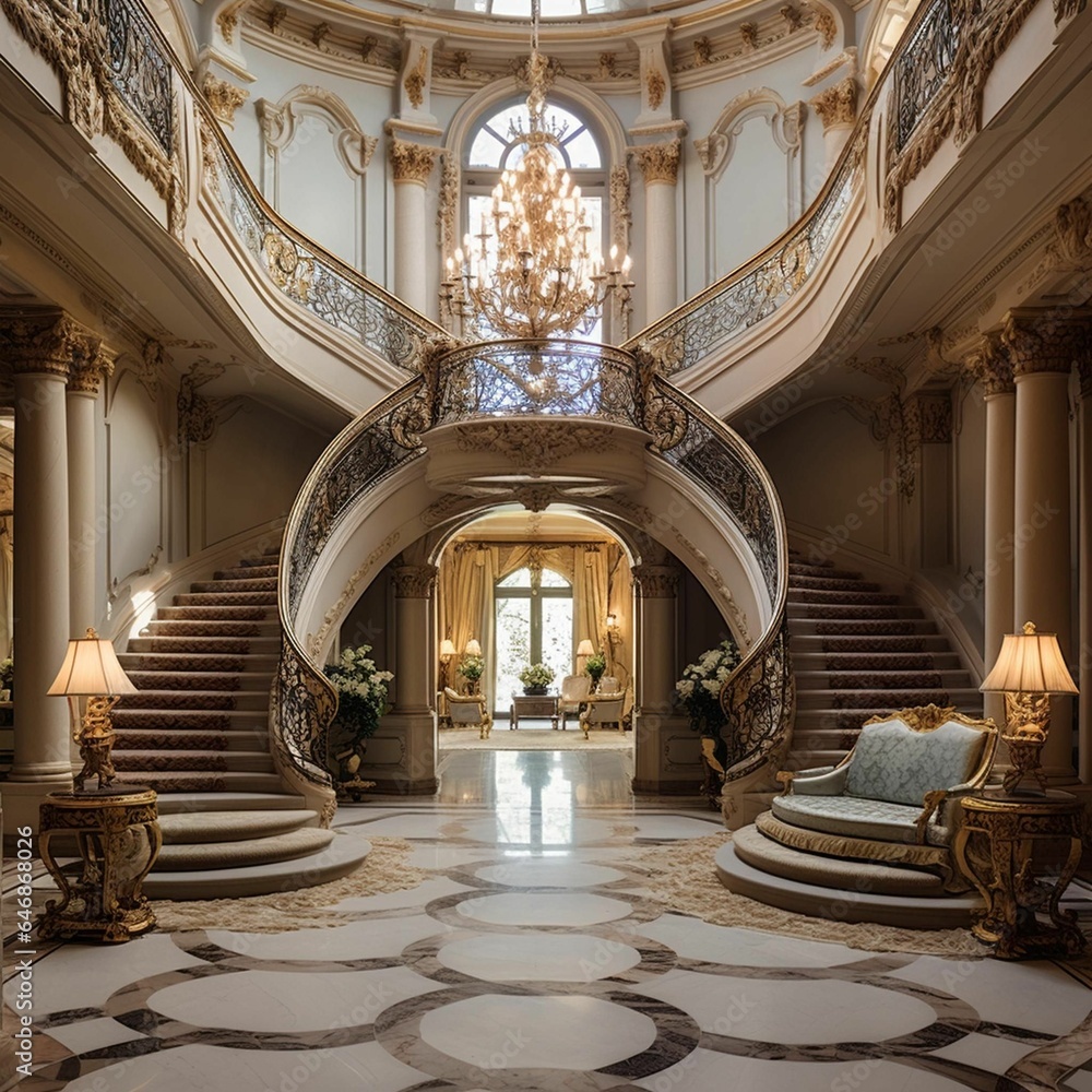 AI generated illustration of an interior of an opulent hotel lobby with ...
