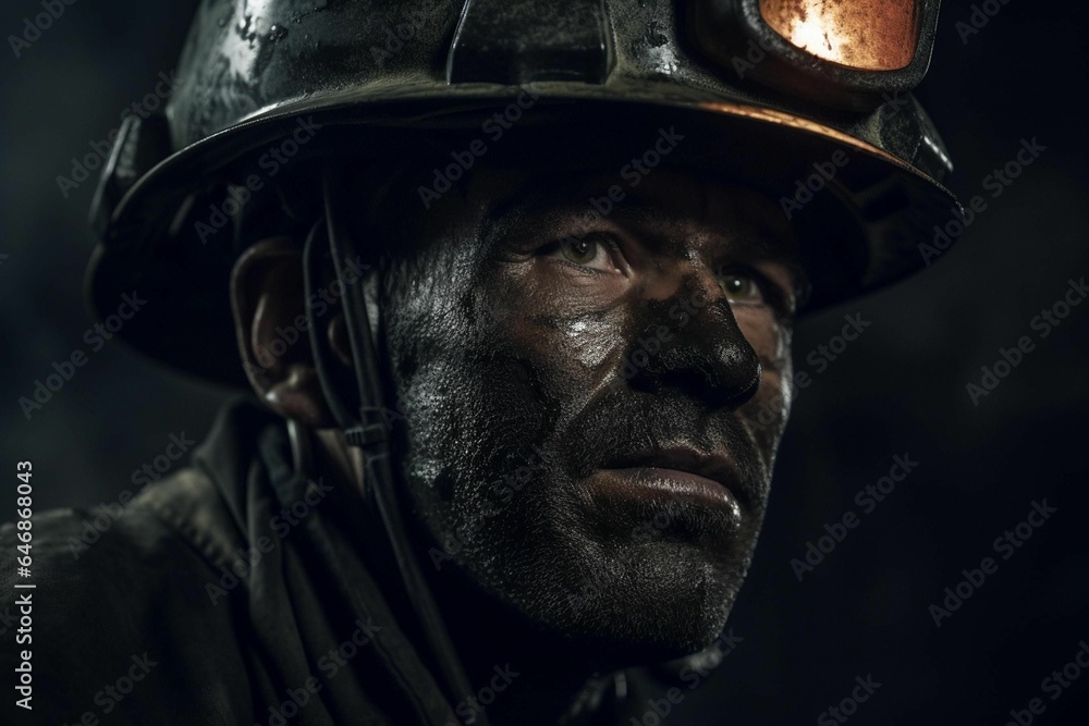 AI generated illustration of a coal worker facing the camera, wearing protective gear AI generated illustration of a coal worker facing the camera, wearing protective gear