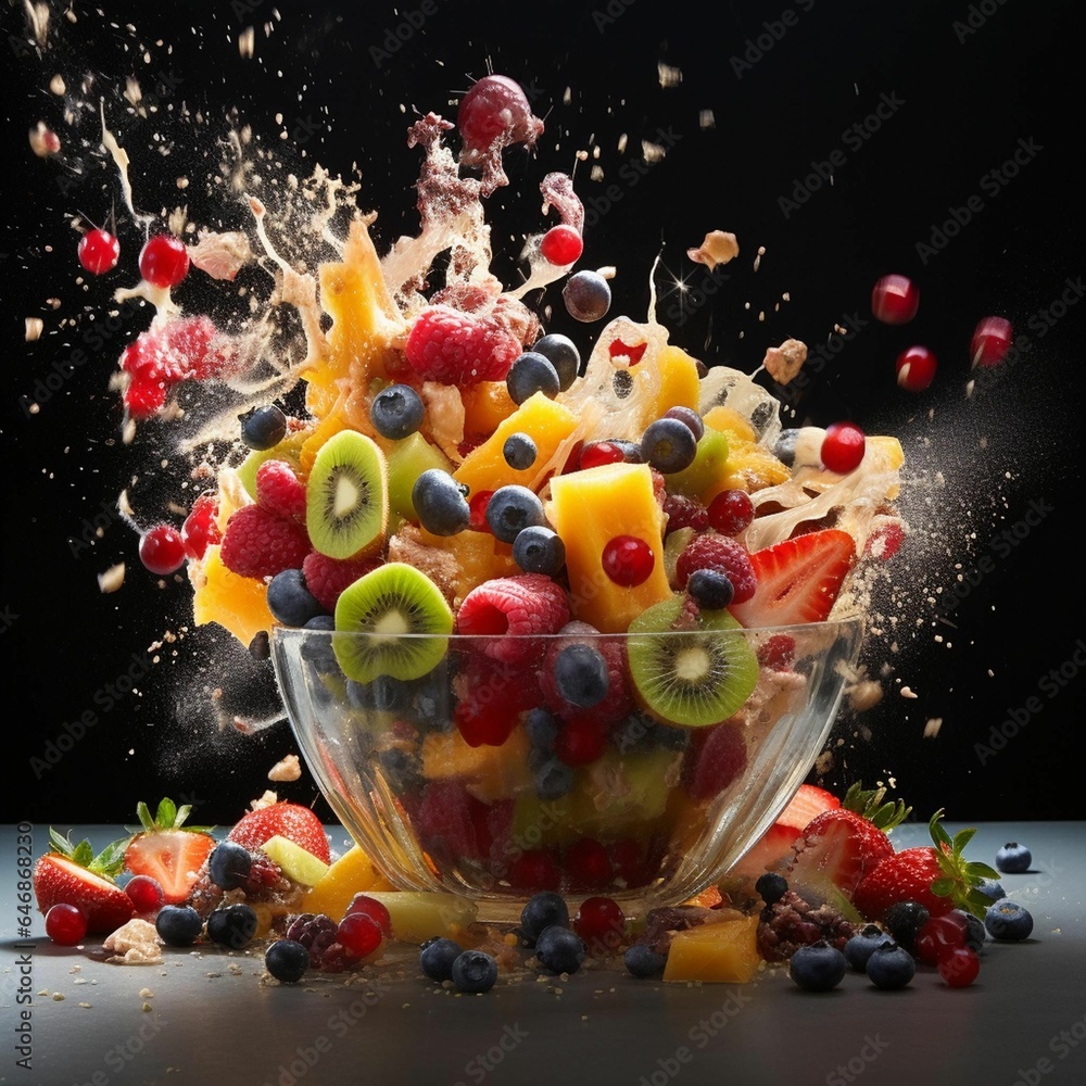 AI generated illustration of a glass bowl filled with a variety of fruits, with some spilling