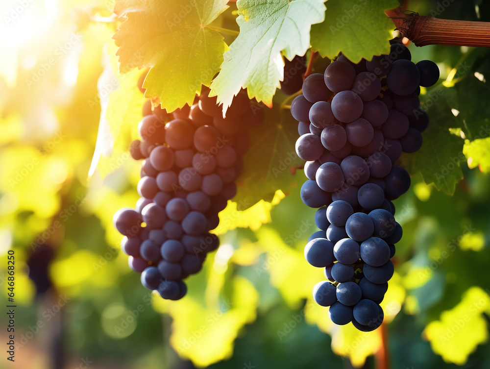 Naklejka premium Vines and large bunches of black grapes in a vineyard. The atmosphere of the farm in the morning where the yellowish light of the sunrise and the morning dew on the farm. 