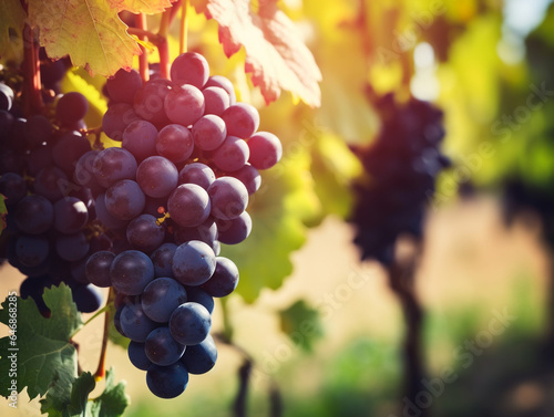 Vines and large bunches of black grapes in a vineyard. The atmosphere of the farm in the morning where the yellowish light of the sunrise and the morning dew on the farm.
